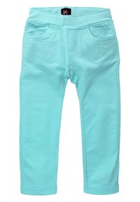Türkise Leggings aus weichem Stoff, mit einem breiten Bund und zwei Vordertaschen, die mit gesteppten Nähten versehen sind.