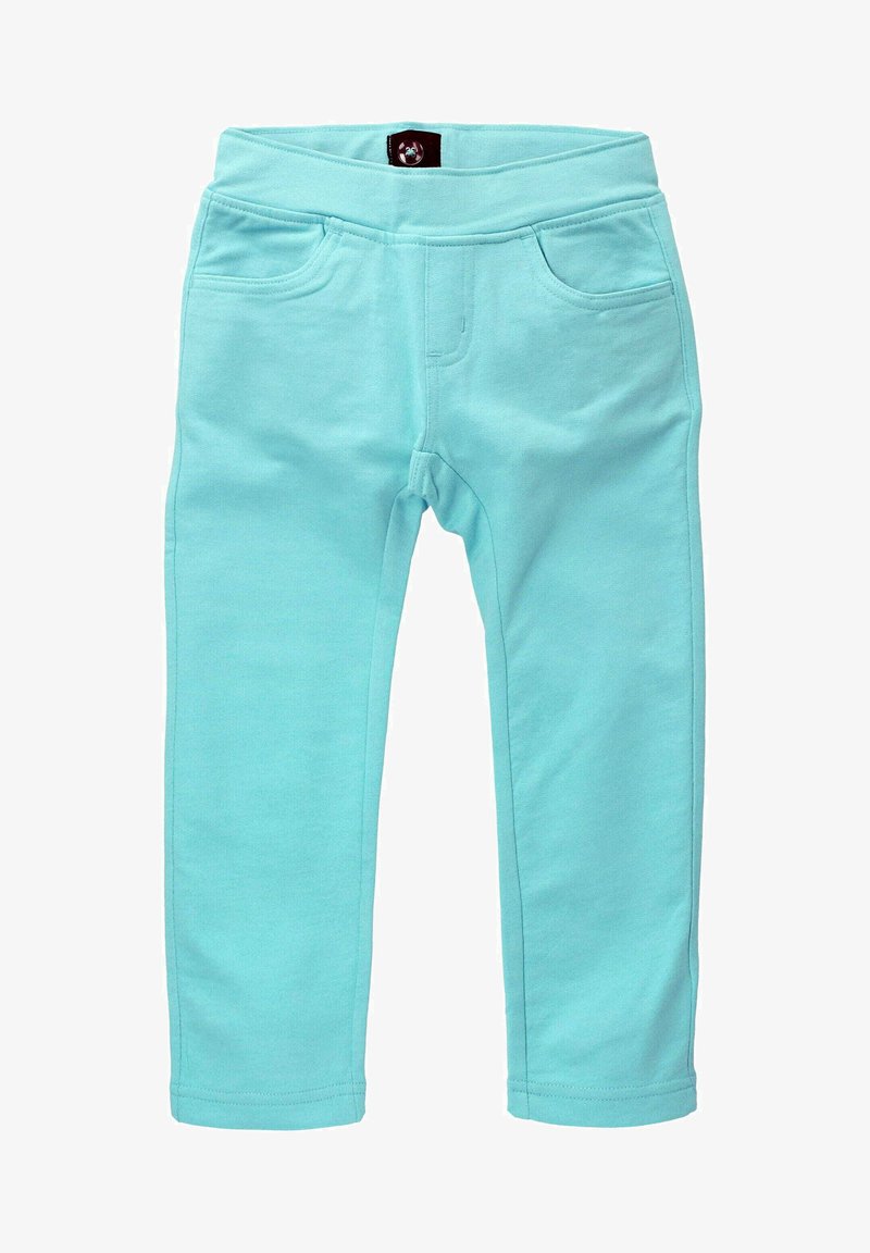 Turkusowe legginsy z miękkiego materiału, z szerokim pasem w talii oraz dwoma przednimi kieszeniami z przeszyciami wzdłuż szwów.