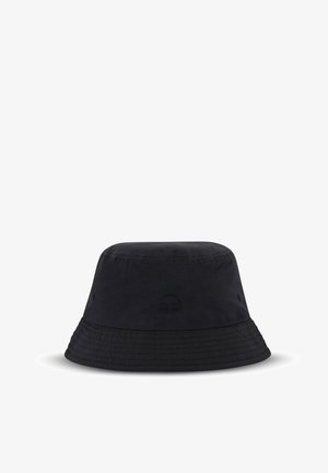 Zwarte bucket hat van katoen met een gestikte rand, met een subtiele geborduurde logo aan de voorkant. Gladde textuur en casual ontwerp.