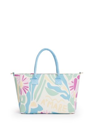 Borsa a tracolla floreale pastello con manici blu, motivi astratti di foglie e testo "A'MARE" su sfondo crema.