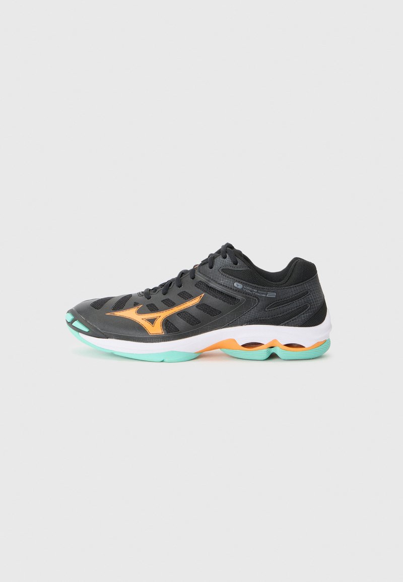 Black athletic shoe with orange accents, mesh upper, and a cushioned sole featuring turquoise details. Lightweight design with a sleek shape.