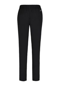Pantalons de sport noirs avec une ceinture élastique, design fuselé et accent de logo. Fabriqués en tissu léger et lisse sans poches visibles.