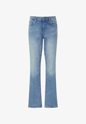 Jasnoniebieskie dzwony z denimu o średnim stanie, z pięcioma kieszeniami i metalowym zapięciem na guzik; charakteryzują się subtelnym wyblaknięciem i kontrastowym przeszyciem.