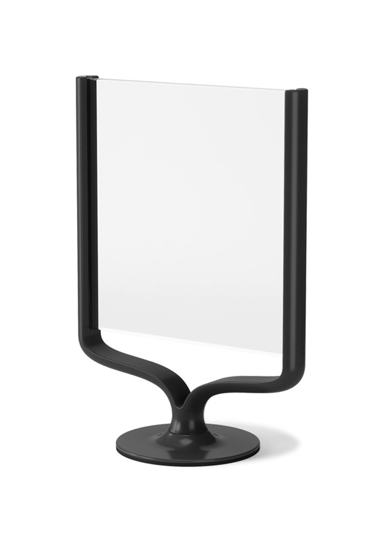 Czarny, plastikowy uchwyt na znak o zaokrąglonym kształcie, z przezroczystą akrylową płytką zamontowaną na okrągłej podstawie. Idealny do wyświetlania na stole.