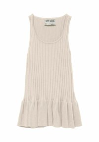 Ärmelloses beiges Ripptanktop mit ausgestelltem Saum und subtiler Textur. Verfügt über einen runden Halsausschnitt und ein AWARE-Etikett auf der Innenseite.