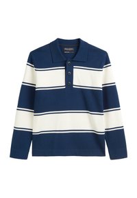 Polo a maniche lunghe a righe navy e bianche, realizzato in cotone, con colletto e patta con tre bottoni. Gli accenti includono righe orizzontali navy.
