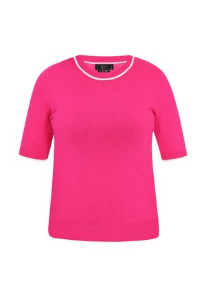 Suéter de manga corta en rosa brillante con un escote redondo, presenta un ribete blanco en contraste a lo largo del cuello y el dobladillo. Textura de punto suave.