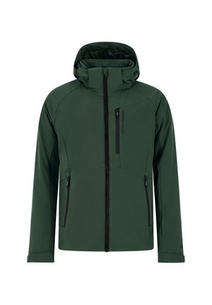 Waterdichte donkergroene jas met een capuchon. Voorzien van een volledige ritssluiting aan de voorkant, zijzakken en een borstzak. Glad textuur en lichtgewicht ontwerp.