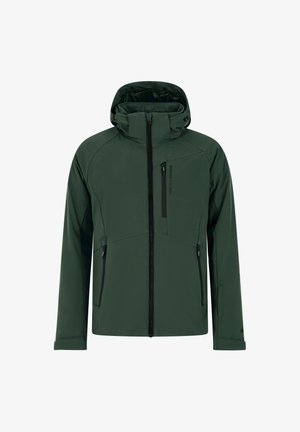 Waterdichte donkergroene jas met een capuchon. Voorzien van een volledige ritssluiting aan de voorkant, zijzakken en een borstzak. Glad textuur en lichtgewicht ontwerp.