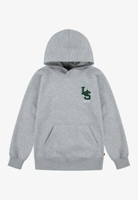 Sudadera gris con un bolsillo canguro al frente; presenta un logo verde en el pecho; fabricada en una suave tela texturada; incluye un capucho con cordones.