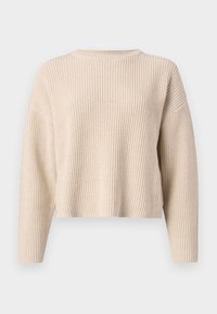 Beige kampsweater, mille ümar kaelus, pikad varrukad ja mugav lõige. Omab soonikstruktuuri ja lühendatud hemmi.