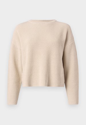 Maglione beige lavorato a maglia con scollo rotondo, maniche lunghe e vestibilità comoda. Presenta una texture a costine e un orlo accorciato.