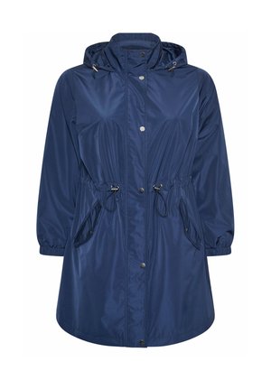 Laivastonsininen vedenpitävä huppullinen sadetakki, jossa etuosan painonapit, säädettävät vyötärön kiristysnauhat, läppätaskut ja joustavat hihansuut.