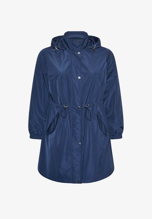 Marineblauwe waterdichte regenjas met capuchon, voorste drukknopen, verstelbare taillekoorden, klepzakken en elastische manchetten.