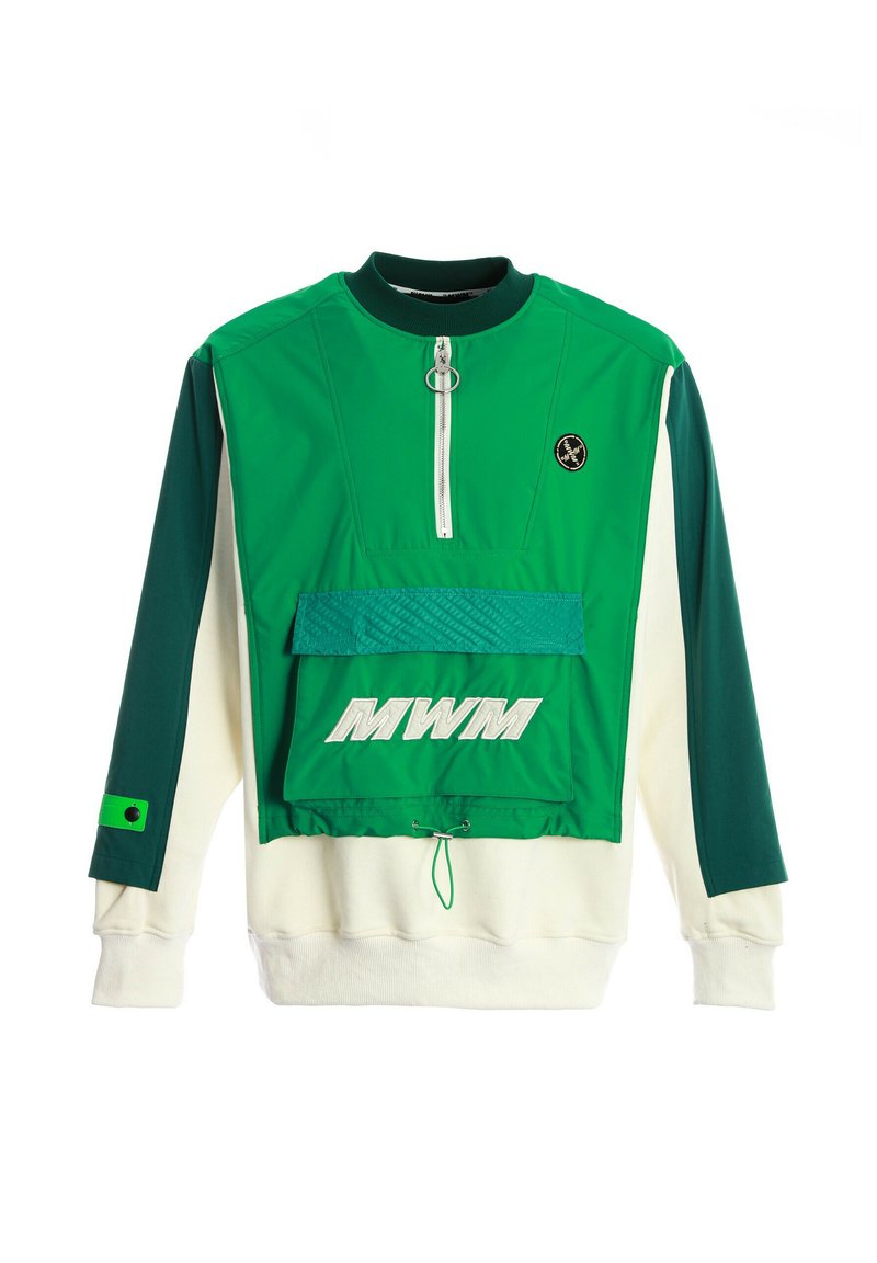 Suéter verde y blanco con cierre de media cremallera en el frente, colores de mangas en contraste, un bolsillo frontal y "MWM" bordado en blanco. Incluye un ajuste con toggle en la cintura.