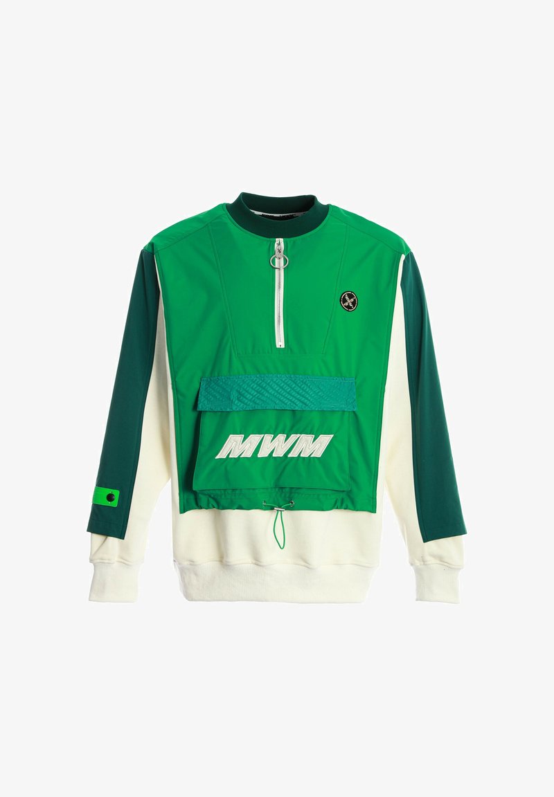 Suéter verde y blanco con cierre de media cremallera en el frente, colores de mangas en contraste, un bolsillo frontal y "MWM" bordado en blanco. Incluye un ajuste con toggle en la cintura.