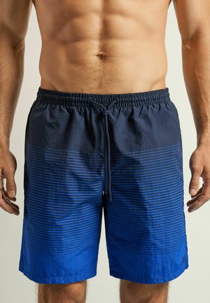 Blue swim shorts with a dark navy top section and horizontal striped pattern. Elastic waistband with drawstring. Soft, lightweight fabric.