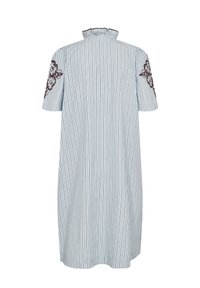 Robe bleu clair à fines rayures verticales, manches courtes avec broderie florale foncée et col montant volanté, vue de dos.