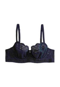 Spitzen-Bralette in dunklem Marineblau mit Unterwäscher-Cups, gewelltem Spitzenbesatz, verstellbaren Trägern und einem strukturierten Bund.