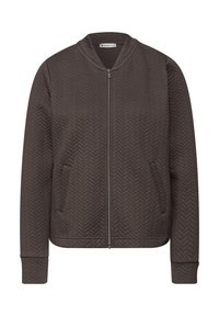 Bruine doorgestikte bomberjack met een visgraatpatroon, ritssluiting, opstaande kraag en zijzakken. Geribbelde manchetten en zoom.