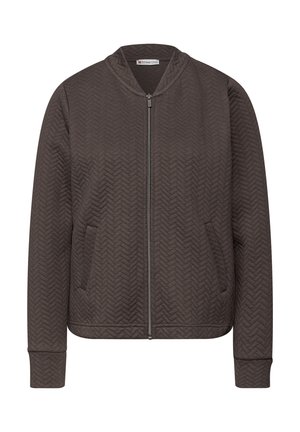 Bruine doorgestikte bomberjack met een visgraatpatroon, ritssluiting, opstaande kraag en zijzakken. Geribbelde manchetten en zoom.