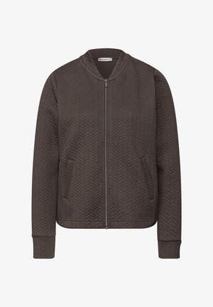 Giacca bomber marrone trapuntata con motivo a spina di pesce, chiusura con zip, colletto alla coreana e tasche laterali. Polsini e orlo a costine.