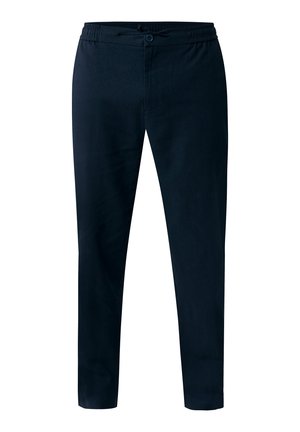 Marineblaues Hosen mit elastischem Bund, Kordelzugverschluss und schmaler Passform. Hergestellt aus einem glatten Stoff mit seitlichen Taschen.