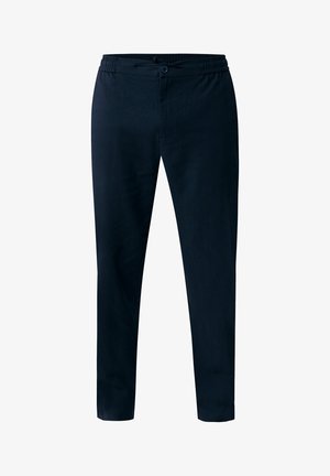 Marineblaues Hosen mit elastischem Bund, Kordelzugverschluss und schmaler Passform. Hergestellt aus einem glatten Stoff mit seitlichen Taschen.