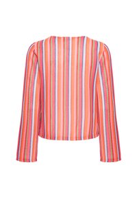 Haut à manches longues avec des rayures verticales en orange, rose, rouge, blanc, vert et violet sur fond blanc.