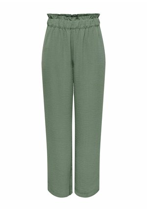 Pantalon vert taille haute à coupe ample avec ceinture élastique froncée et tissu texturé, coupe droite.