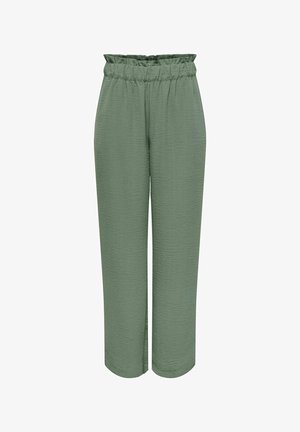 Zelené voľné nohavice s vysokým pásom, elastickým nariaseným pásom a textúrovanou látkou, s rovnými nohavicami.