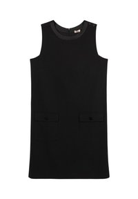 Robe noire sans manches avec un col rond, deux poches à l'avant et des boutons décoratifs sur les épaules. Tissu lisse et design minimaliste.