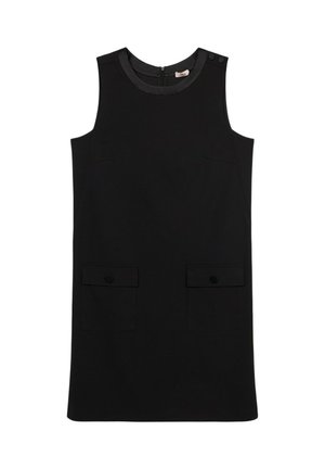 Zwart mouwloos jurkje met een ronde halslijn, twee voorzakken en knoopaccenten op de schouders. Glad materiaal en minimalistisch ontwerp.