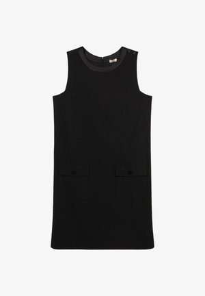 Rochie neagră, fără mâneci, cu decolteu rotund, două buzunare frontale și accente cu butoane la umeri. Tesătură fină și design minimalist.
