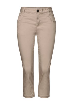 Pantalones cortos beige hechos de una mezcla de algodón. Cuentan con un cierre frontal de botón, dos bolsillos laterales y una textura suave.