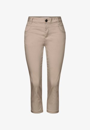 Pantaloni cropped beige realizzati in misto cotone. Presentano una chiusura frontale con bottone, due tasche laterali e una texture liscia.