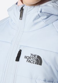 Jasnoniebieska ocieplana kurtka z wysokim kołnierzem, przednim zamkiem błyskawicznym, zamykaną na zamek kieszenią na piersi oraz logo The North Face na klatce piersiowej.