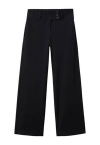 Pantaloni neri a gamba larga realizzati in tessuto liscio, con vita alta, chiusura a tre bottoni e un design pulito e lineare.