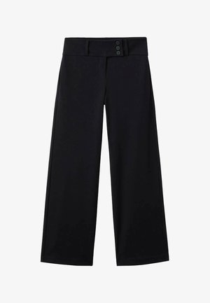 Pantaloni neri a gamba larga realizzati in tessuto liscio, con vita alta, chiusura a tre bottoni e un design pulito e lineare.