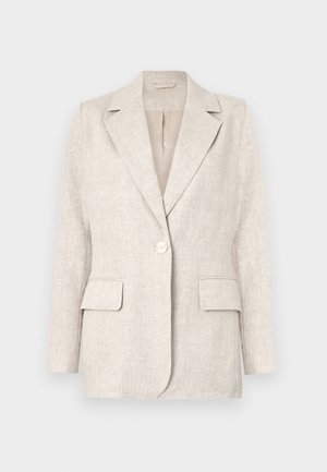 Gai beigu lina žakete ar izgrieztu apkakli, vienu pogu un divām priekšējām kabatām. Gluda tekstūra ar piegulošu griezumu.