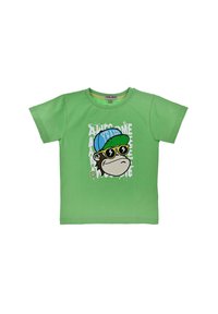 Grünes kurzärmliges T-Shirt aus Baumwolle, mit einem Grafik eines Cartoon-Affen, der Sonnenbrillen und eine blaue Mütze trägt, mit dem Wort "AWESOME" im Hintergrund.