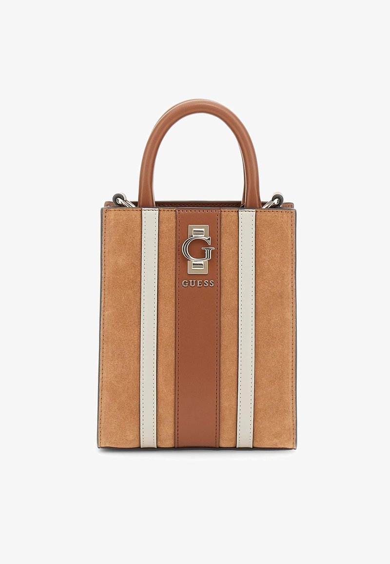 Brown suede handbag with contrasting light and dark stripes, featuring a silver logo accent and dual top handles. Compact rectangular shape.