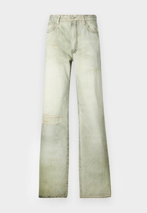 Faded roheline denim pükste paar kõrge vöökoht, laia sääre lõige ja kulunud plekid. Omab nööbi sulgemist ja viit taskut.