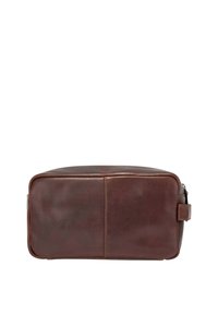 Bolso de cuero marrón con forma rectangular, textura suave y detalles de costura. Cuenta con un asa lateral y un cierre de cremallera.