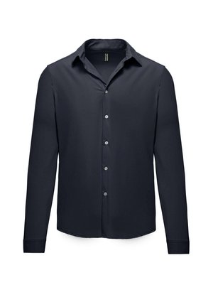 Granatowa koszula z długim rękawem zapinana na guziki, z klasycznym kołnierzykiem, gładką fakturą oraz prostym dołem; posiada srebrne guziki z przodu.