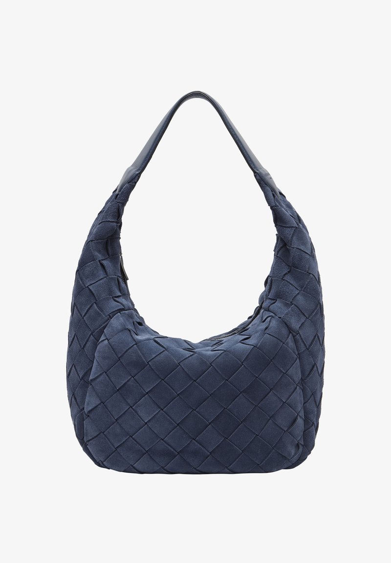 Helles blaues Wildleder-Hobo-Bag mit einem gewebten Textur und einem breiten Schultergurt, der eine lässige Form und zurückhaltende Designdetails aufweist.