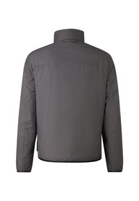 Grå, polstret jakke med stående krave, lange ærmer og en glat tekstur. Har et rent, minimalistisk design uden synlige lukninger.