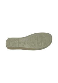 Suola di scarpa in gomma chiara con superficie testurizzata, motivi rettangolari e accenti circolari. Presenta un design piatto con scanalature per migliorare la trazione.