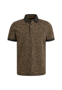 Krave polo-shirt i mørkebrun med et struktureret mønster af lysebrune linjer. Har tre knapper og en mærkeaccent på brystet.