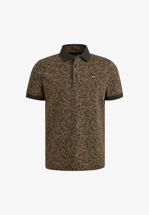 Krave polo-shirt i mørkebrun med et struktureret mønster af lysebrune linjer. Har tre knapper og en mærkeaccent på brystet.